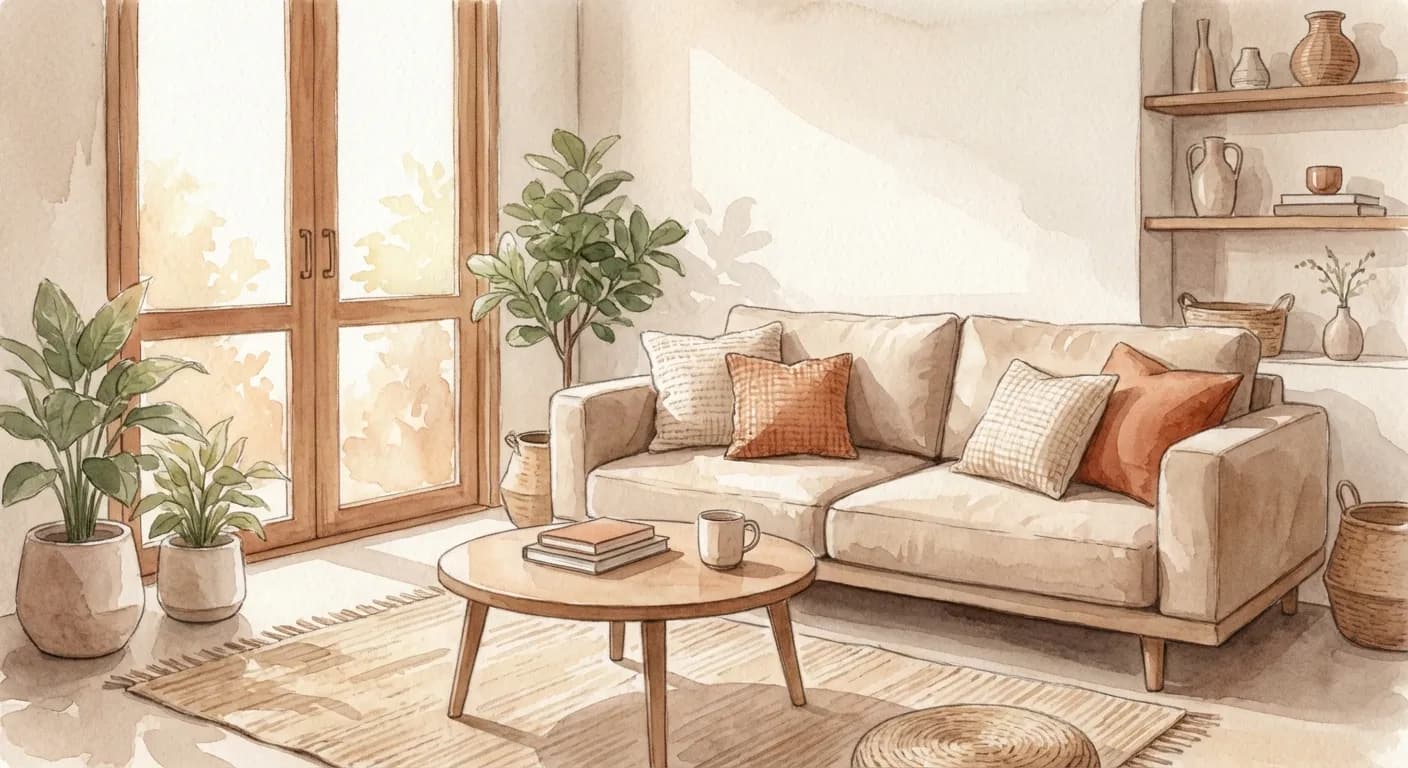 ห้องนั่งเล่นอบอุ่นพร้อมโซฟานุ่มสบาย